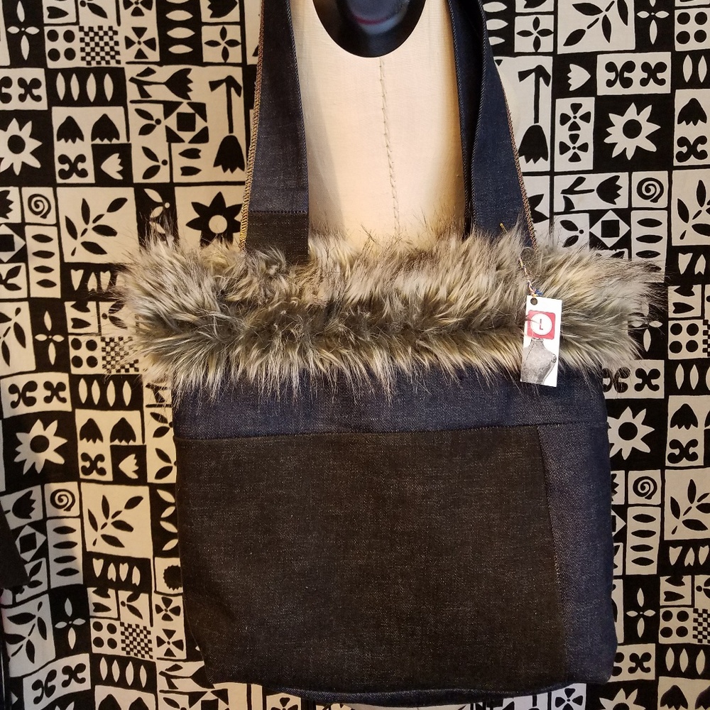 New Patchwork Grey Faux Fur and Denim Bag